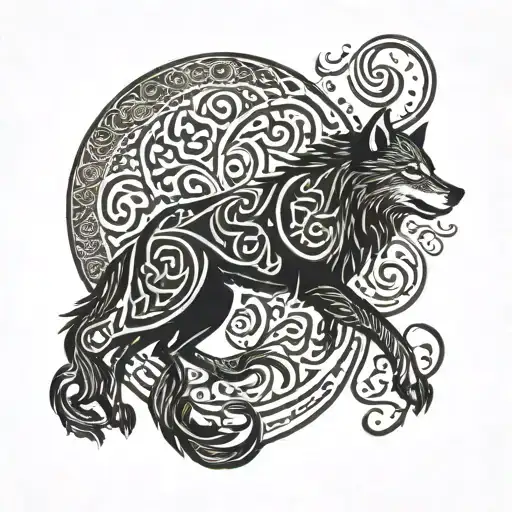 An abstract composition of Turkish calligraphy intertwined with Turkic tribal patterns and a wolf howling at the moon tattoo design idea