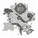 Ancient Turkish states map incorporating Turkic alphabet symbols tattoo design idea