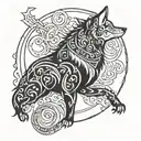An abstract composition of Turkish calligraphy intertwined with Turkic tribal patterns and a wolf howling at the moon tattoo design idea