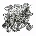 An abstract composition of Turkish calligraphy intertwined with Turkic tribal patterns and a wolf howling at the moon tattoo design idea