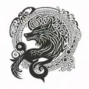 An abstract composition of Turkish calligraphy intertwined with Turkic tribal patterns and a wolf howling at the moon tattoo design idea