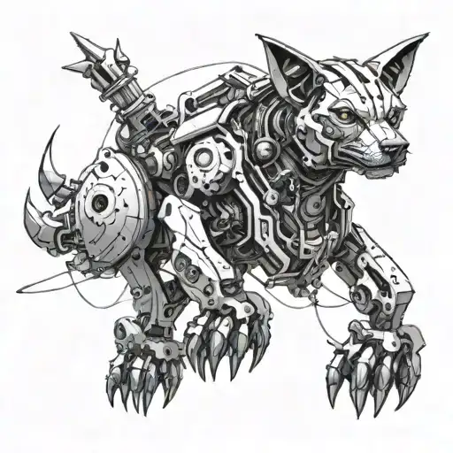 A futuristic mechanical dog with cybernetic enhancements inspired by alternative metal music tattoo design idea