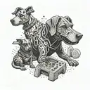 A cybernetic dog playing video games with its family tattoo design idea