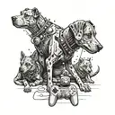 A cybernetic dog playing video games with its family tattoo design idea