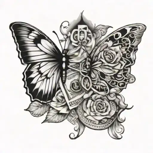 A fashion-forward tattoo design with a money motif and butterflies intertwined tattoo design idea