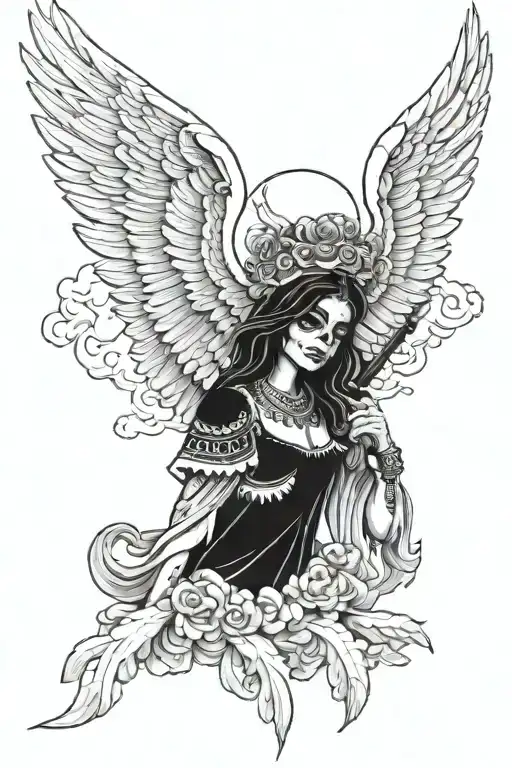 mexican angel of death with clouds as shading tattoo design idea