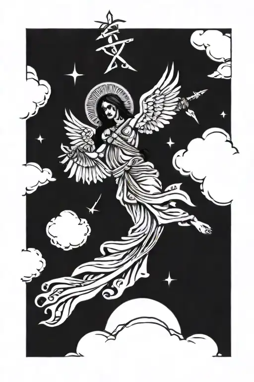 mexican angel of death with clouds as shading and the biblical three crosses behind it in the background  tattoo design idea