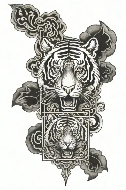 traditional Thai sak yant tiger and text surrounding three crosses tattoo design idea