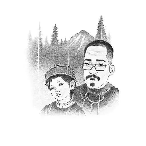 family picture mom dad and son watch to the distance from a mountain  tattoo design idea