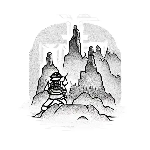 A rock formation with a silhouette of a construction worker tattoo design idea