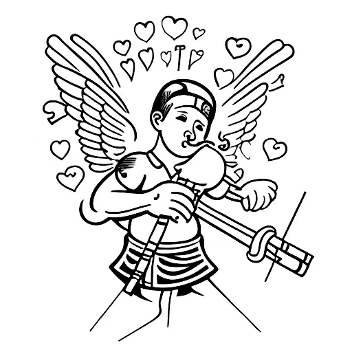 cupid with an ak 47 smoking a cigarrette tattoo design idea