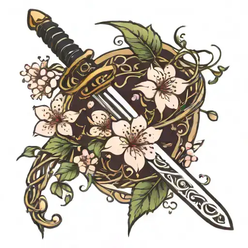 Sword with cherry blossoms and vines growing on it  tattoo design idea