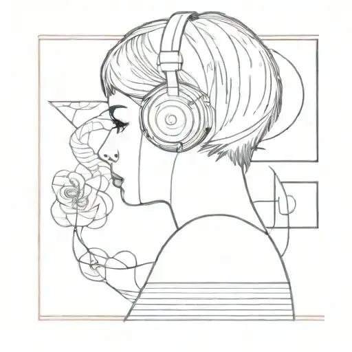 girl short hair headphones looking at art gallery tattoo design idea