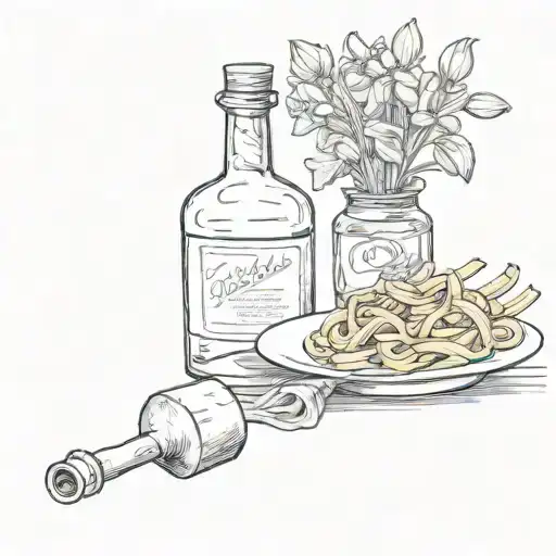 plate of pasta with a bottle of wine, next to that a radio and flowers in a 'klaas gubbels' jar tattoo design idea