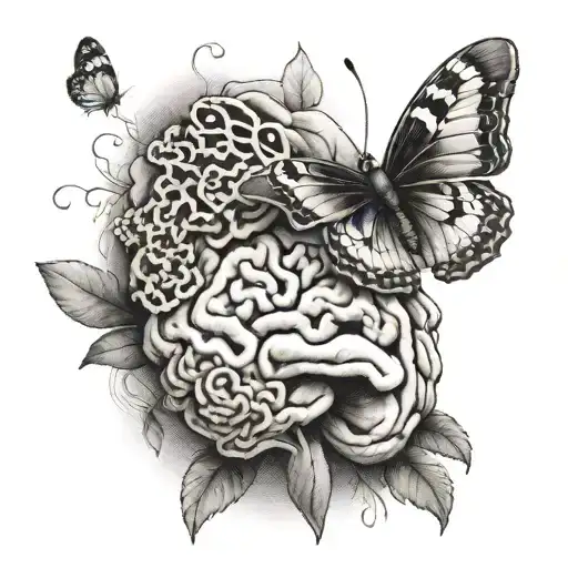 A black-grey tattoo of a butterfly morphing into a brain, symbolizing the connection between behavior analysis and the beauty of nature tattoo design idea