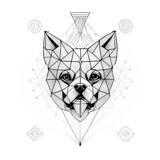 A geometric design inspired by retro video game graphics, featuring a pinsher dog and an acoustic guitar intersecting ha tattoo design idea