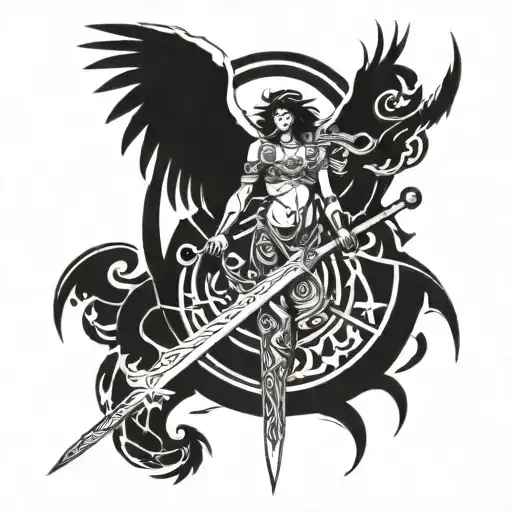 Angel with wings holding in right hand a sword and left hand a scale on which a dragon is found tattoo design idea