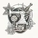 A blackwork tattoo featuring a machinist tool with subtle references to Pink Floyd lyrics and suicide awareness symbols tattoo design idea