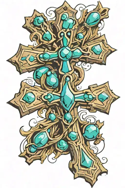 rustic cross with turquoise stones tattoo design idea
