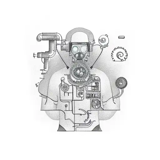 A realistic depiction of an environmental engineer surrounded by various language symbols tattoo design idea