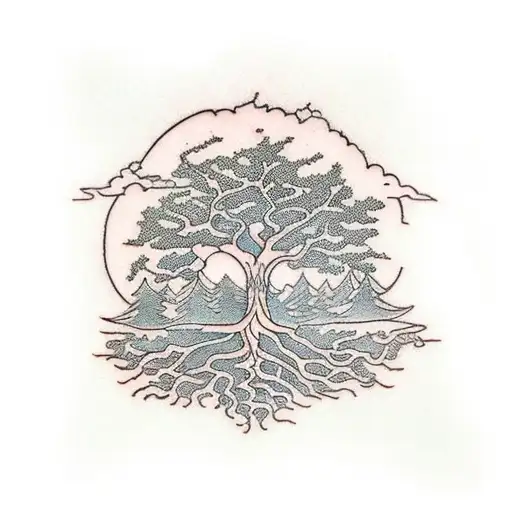An intricate tree with roots symbolizing environmental justice tattoo design idea