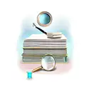 A stack of books in different languages with a magnifying glass searching for new words tattoo design idea