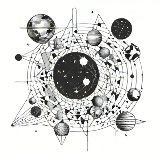 stars planets and galaxies with lines and circles throughout  tattoo design idea