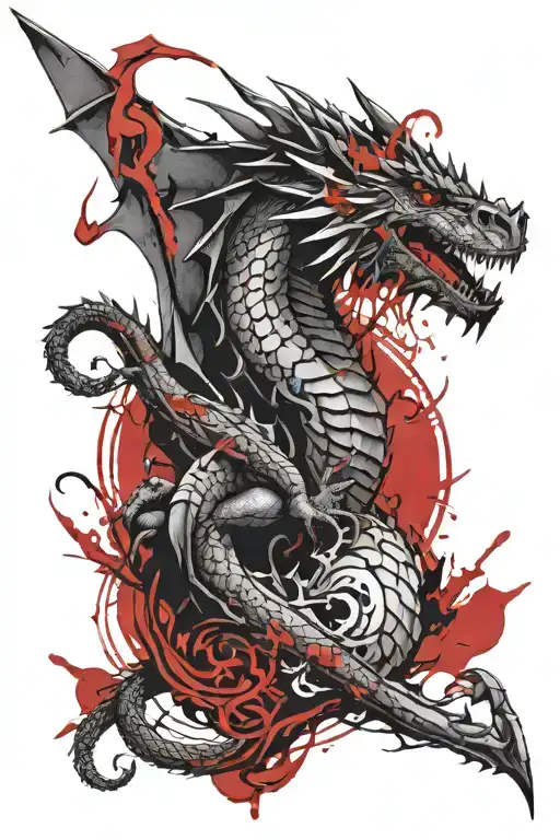 realistic black and white game of thrones dragon in gothic style dungeons and dragons  tattoo design idea