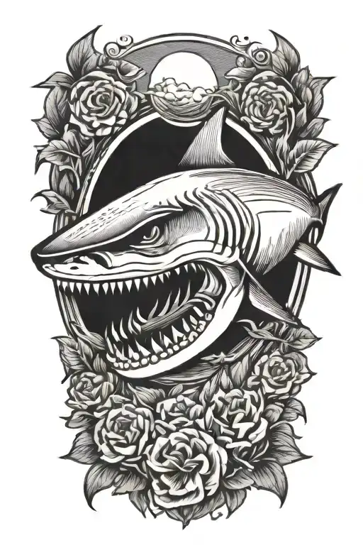 shark skull black and white tattoo design idea
