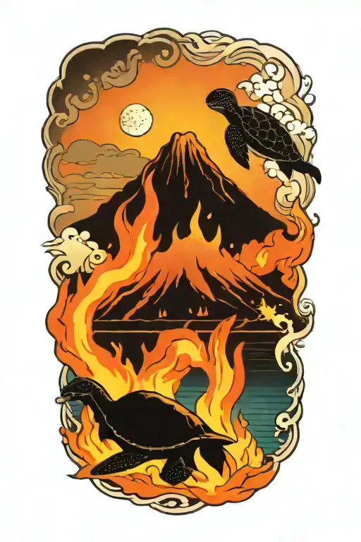 volcano flowing lava into ocean with sea turtles black and white tattoo design idea