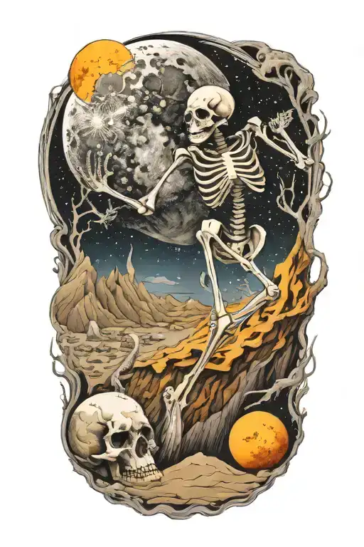 skeleton dance on the moon tattoo design idea