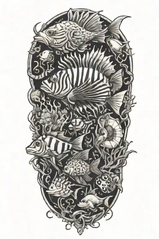 underwater scuba diving with lionfish, octopus, reef, tiger sharks tattoo design idea