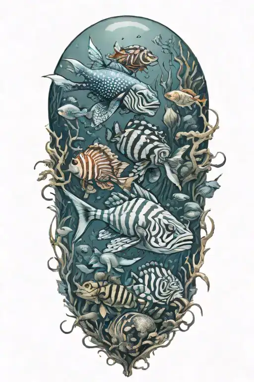 underwater scuba diving with octopus, lion fish, reef, tiger sharks tattoo design idea