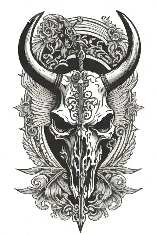 bull skull with sword down the middle black and white tattoo design idea
