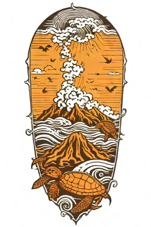 volcano flowing lava into ocean with sea turtles black and white tattoo design idea