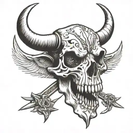 Bull skull with sword going through it and nose ring tattoo design idea