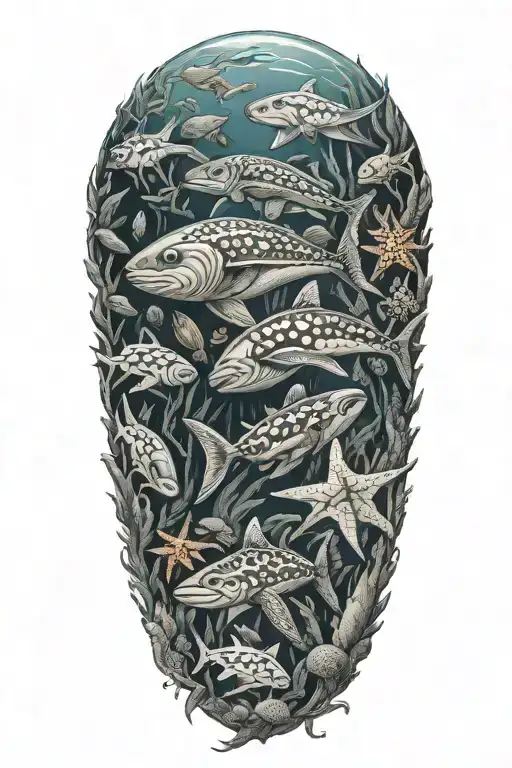 underwater scuba diving with octopus, reef, tiger sharks tattoo design idea