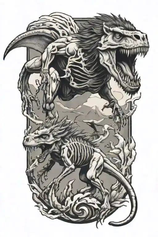 t-Rex skeleton fighting a lion  tattoo design idea