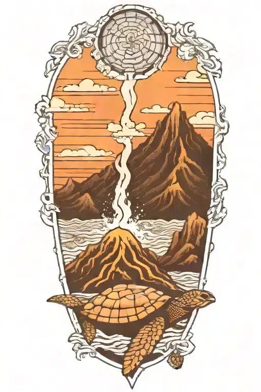 volcano flowing lava into ocean with sea turtles black and white tattoo design idea