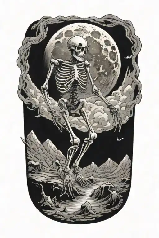 skeleton dance on the moon tattoo design idea