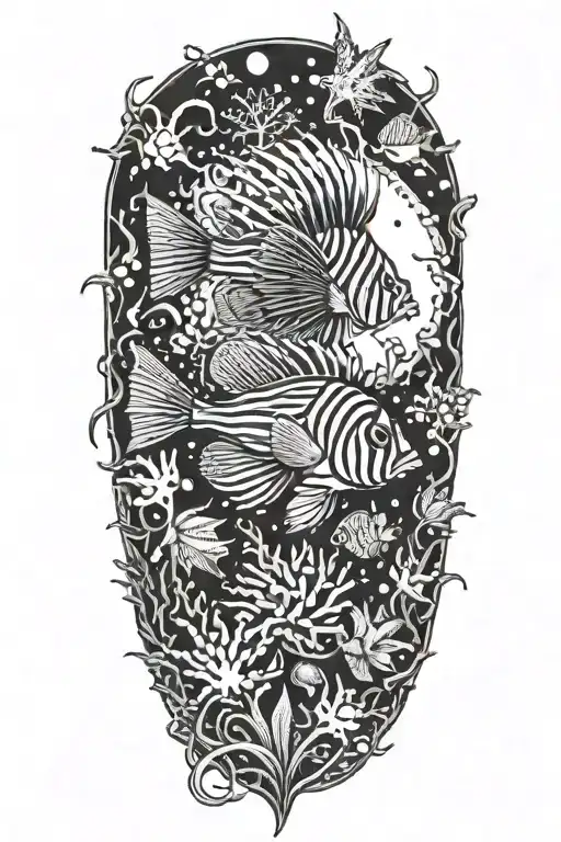 underwater scuba diving with lionfish, octopus, reef, tiger sharks tattoo design idea