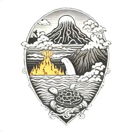 volcano flowing lava into ocean with sea turtles black and white tattoo design idea