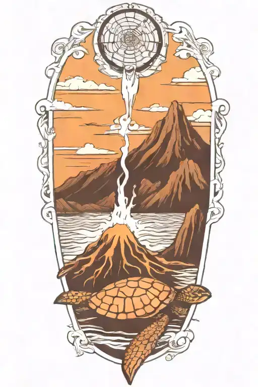 volcano flowing lava into ocean with sea turtles black and white tattoo design idea