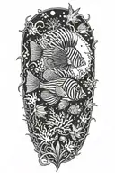 underwater scuba diving with lionfish, octopus, reef, tiger sharks tattoo design idea