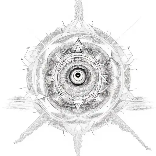 Incorporate the four elements into a symmetrical mandala with an all-seeing eye at the center tattoo design idea