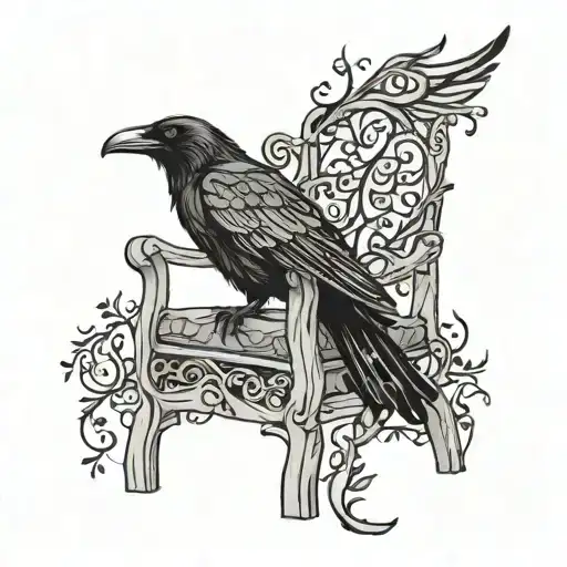 a broken wooden chair with a raven perched on it and vines tattoo design idea
