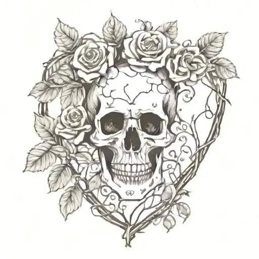 skull and roses intertwined growing on vines above heart on lower chest above breast  tattoo design idea
