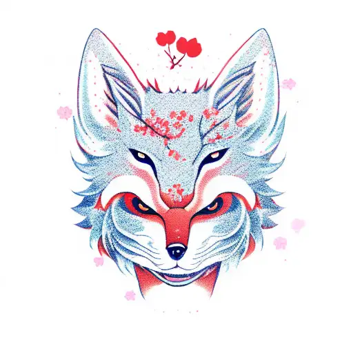 kitsune mask in profile, with cherry blossom background tattoo design idea
