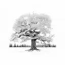 realistic white oak tree with native people on horseback  tattoo design idea