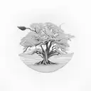 realistic white oak tree with native people on horseback  tattoo design idea